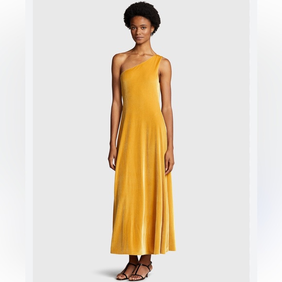 Polo Ralph Lauren gold yellow velvet one shoulder velvet dress midi cocktail NWT - Picture 2 of 11